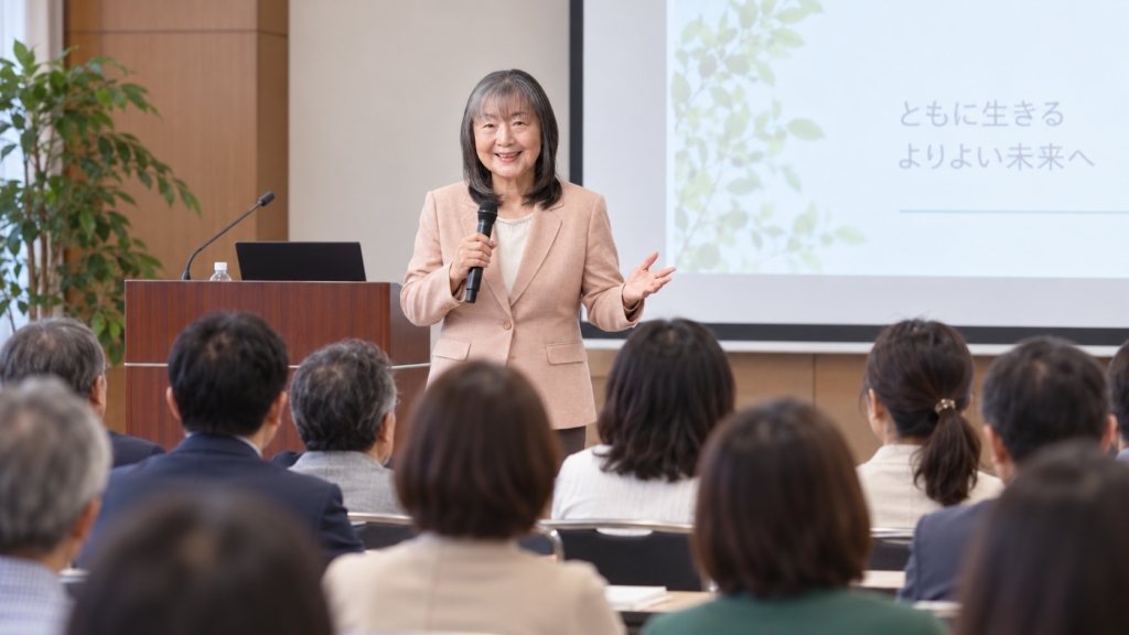 多くの参加者に向けて講演する近藤京子のイメージ